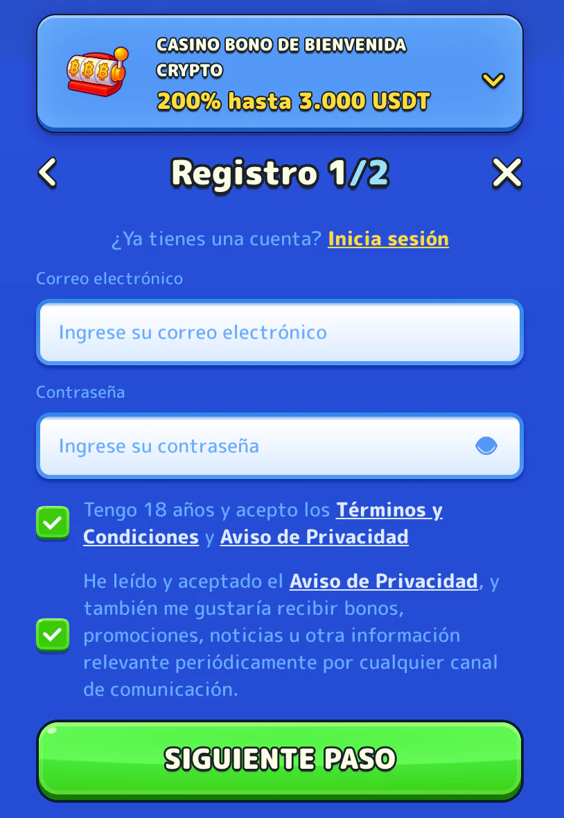 Registro de usuario y abrir cuenta en Pistolo Casino